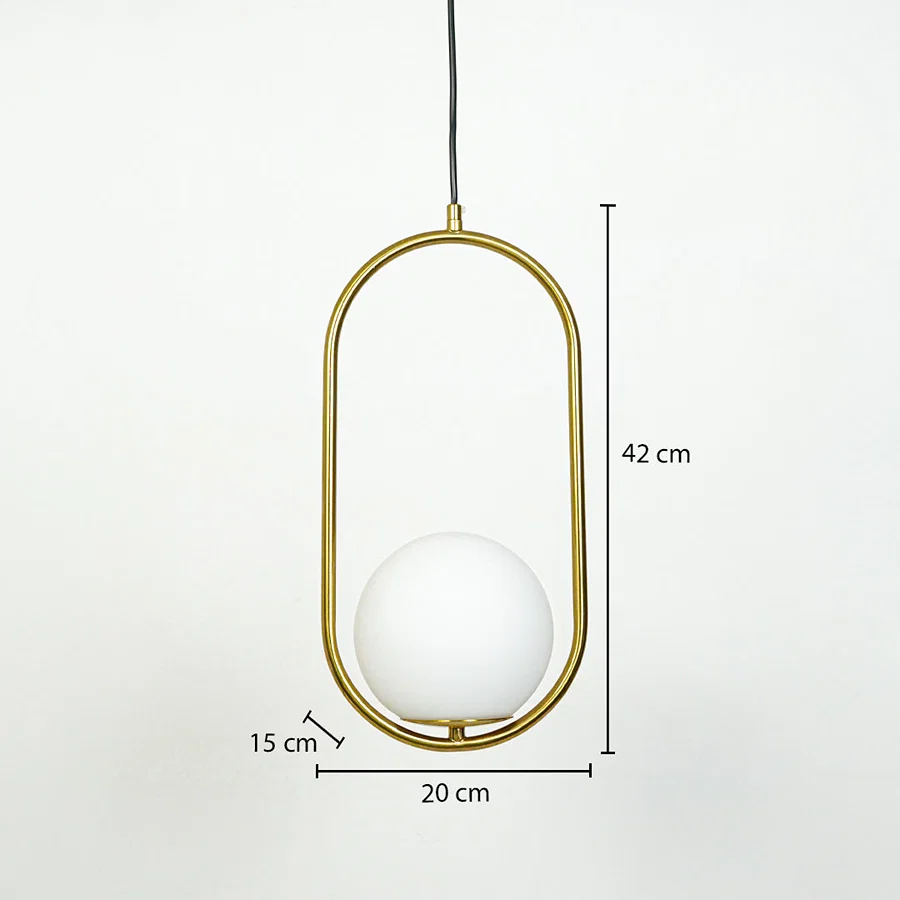 Gold metal ring pendant light dimension image with 20 cm width and 42 cm height for bedside placement.