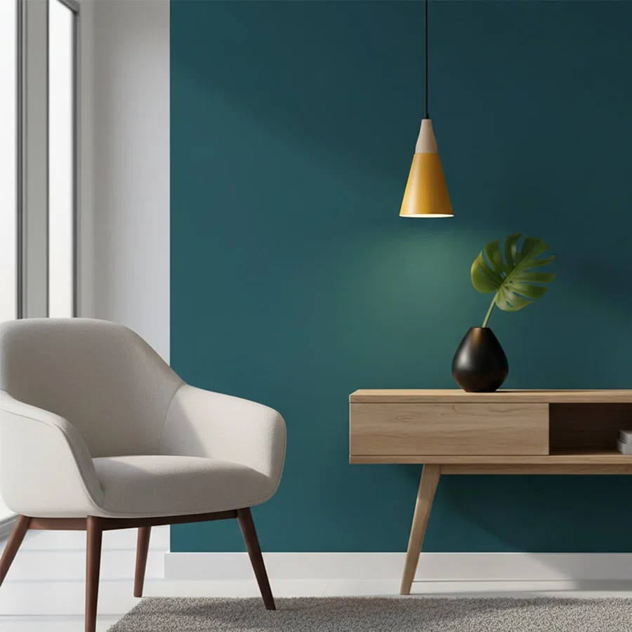 Yellow metal pendant light above side table adding Scandinavian charm and warm ambient lighting to modern interiors.