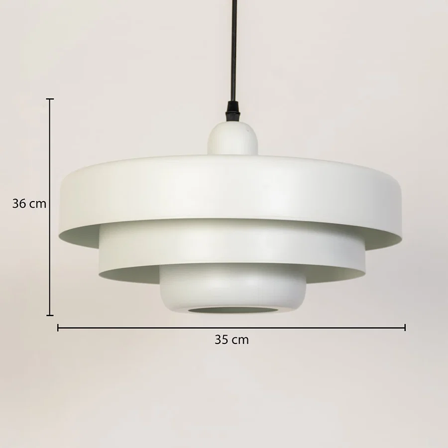 White metal pendant light dimension image with 35 cm width and 36 cm height for contemporary dining placement.