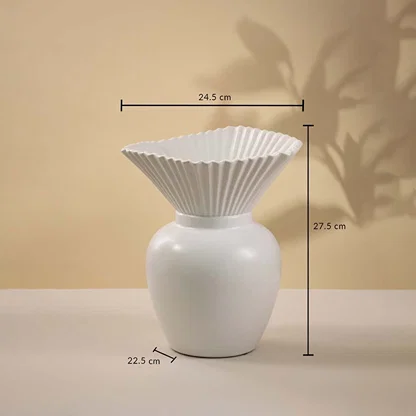 White ceramic vase with elegant fluted neck shown on neutral background featuring height 27 cm width 24 cm and base diameter 22 cm for accurate size details.