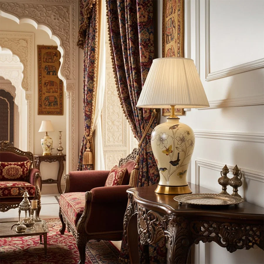 Table lamp with a floral ceramic base and pleated fabric shade placed on a carved wooden console in a royal Indian living room with ornate arches rich curtains and traditional decor.