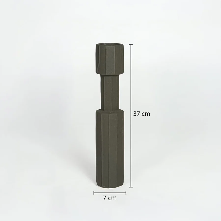 Black metal decorative candle holder measuring 37 cm height and 7 cm width ideal for modern tabletop decor styling.