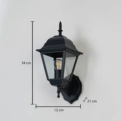 Outdoor wall lantern dimension image showing 34 cm height 21 cm depth and 15 cm width ideal for exterior lighting décor.