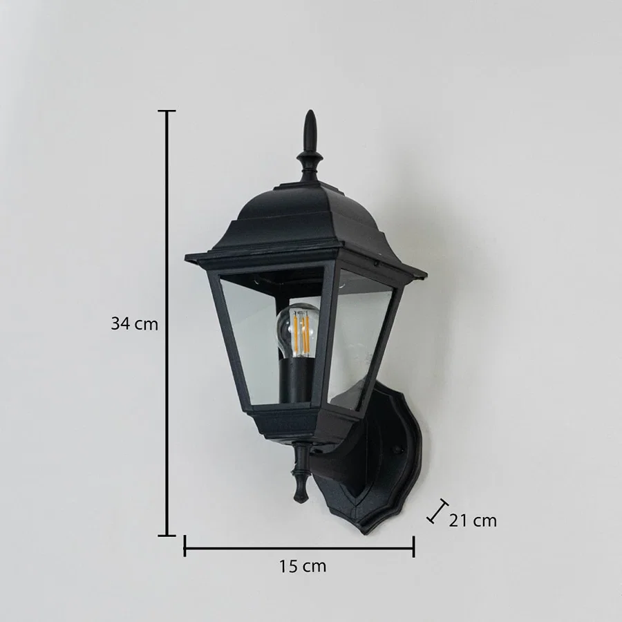 Outdoor wall lantern dimension image showing 34 cm height 21 cm depth and 15 cm width ideal for exterior lighting décor.