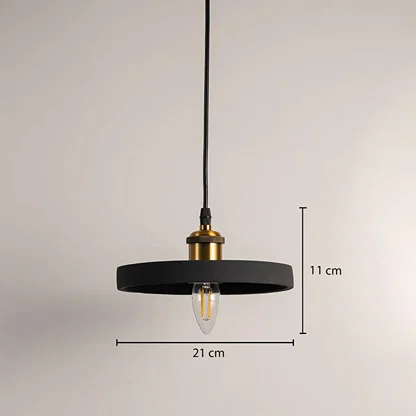 Dimension image of matte black metal pendant light with open design showing 11 cm height and 21 cm width.