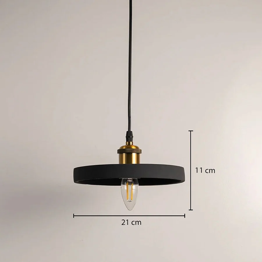 Dimension image of matte black metal pendant light with open design showing 11 cm height and 21 cm width.