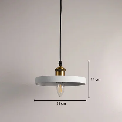 Dimension image of matte white metal pendant light with open design showing 11 cm height and 21 cm width.