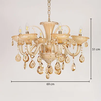 Golden glass crystal chandelier sized 51 cm height and 69 cm width ideal for elegant living room or dining room ceiling lighting.