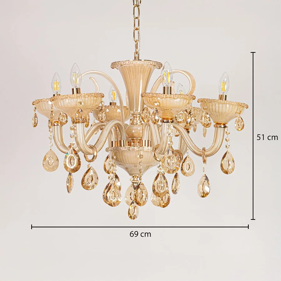 Golden glass crystal chandelier sized 51 cm height and 69 cm width ideal for elegant living room or dining room ceiling lighting.