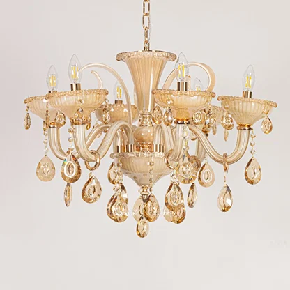 Golden glass crystal chandelier displayed on white background ideal for classic warm interior ceiling styling.