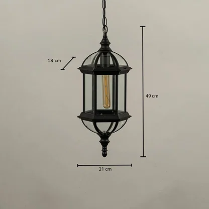 Technical diagram of black outdoor pendant light showing height 35 cm width 20 cm and depth 18 cm for installation reference.