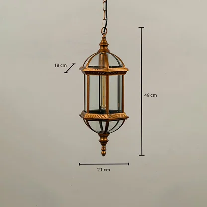 Technical diagram of antique brass outdoor lantern showing height 49 cm width 21 cm and depth 18 cm for installation reference.