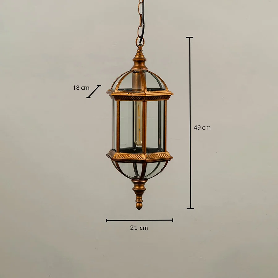 Technical diagram of antique brass outdoor lantern showing height 49 cm width 21 cm and depth 18 cm for installation reference.