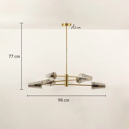 Clear glass shade chandelier with gold metal frame measuring 77 cm height and 98 cm width for modern interiors.