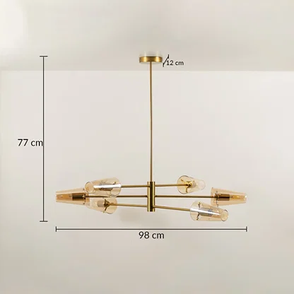 Clear glass shade chandelier with gold metal frame measuring 77 cm height and 98 cm width for modern interiors.