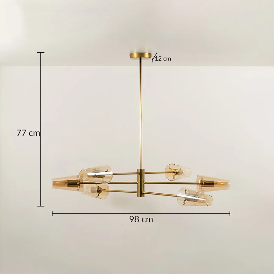 Clear glass shade chandelier with gold metal frame measuring 77 cm height and 98 cm width for modern interiors.