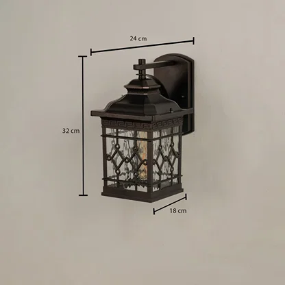 Outdoor wall lantern with measurements showing 32 cm height 24 cm width and 18 cm depth on a white background.