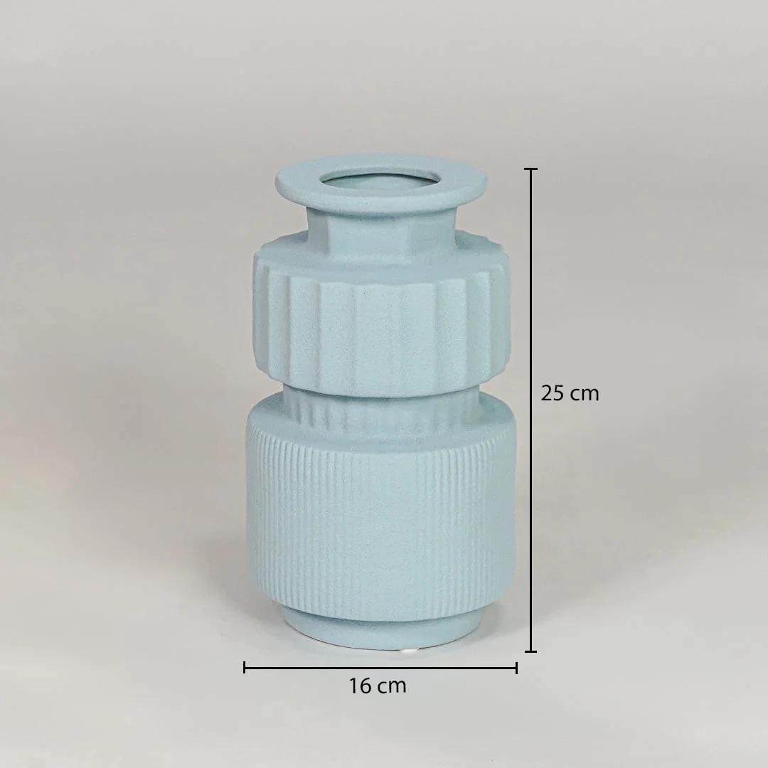 Light blue ceramic decorative vase size 25 cm height 16 cm length modern ribbed flower vase dimension image for product reference.