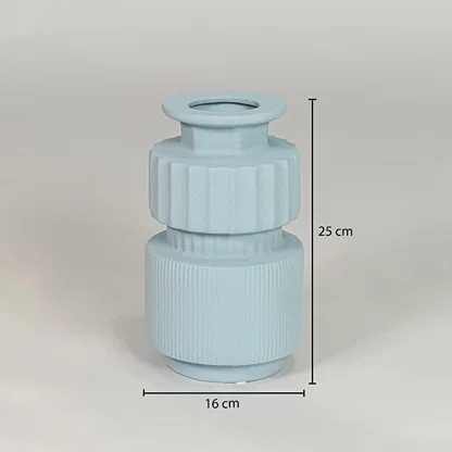 Light blue ceramic decorative vase size 25 cm height 16 cm length modern ribbed flower vase dimension image for product reference.