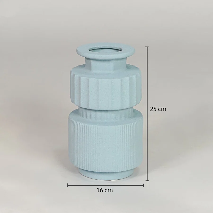 Light blue ceramic decorative vase size 25 cm height 16 cm length modern ribbed flower vase dimension image for product reference.