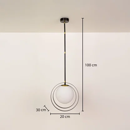 Modern gold ring pendant light dimension image with 20 cm width and 100 cm height for bedside placement.