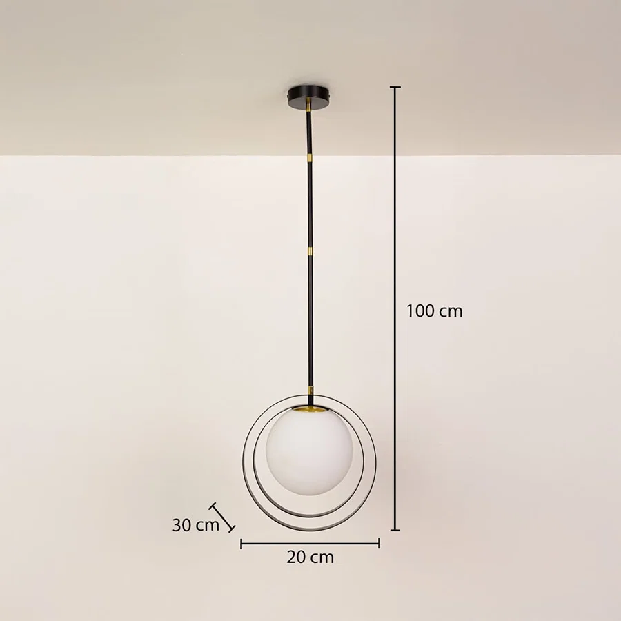 Modern gold ring pendant light dimension image with 20 cm width and 100 cm height for bedside placement.