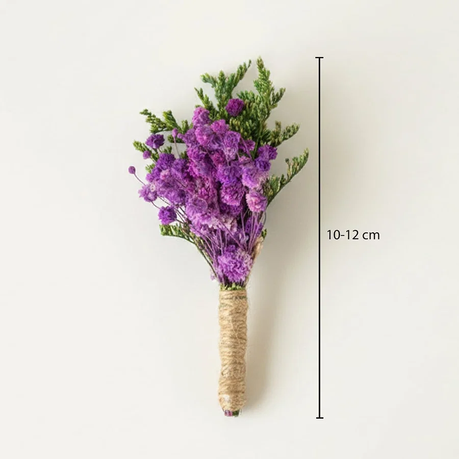 Purple dried flower bouquet with green accents showing height 10 to 12 cm perfect for tabletop vase and natural home Decor.