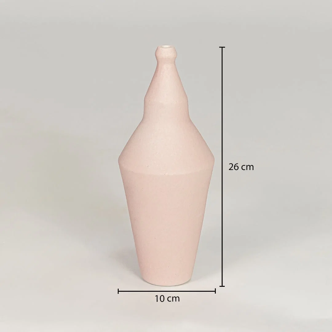 Pink ceramic decorative vase size 28 cm height 10 cm width modern flower vase for table console shelf styling.