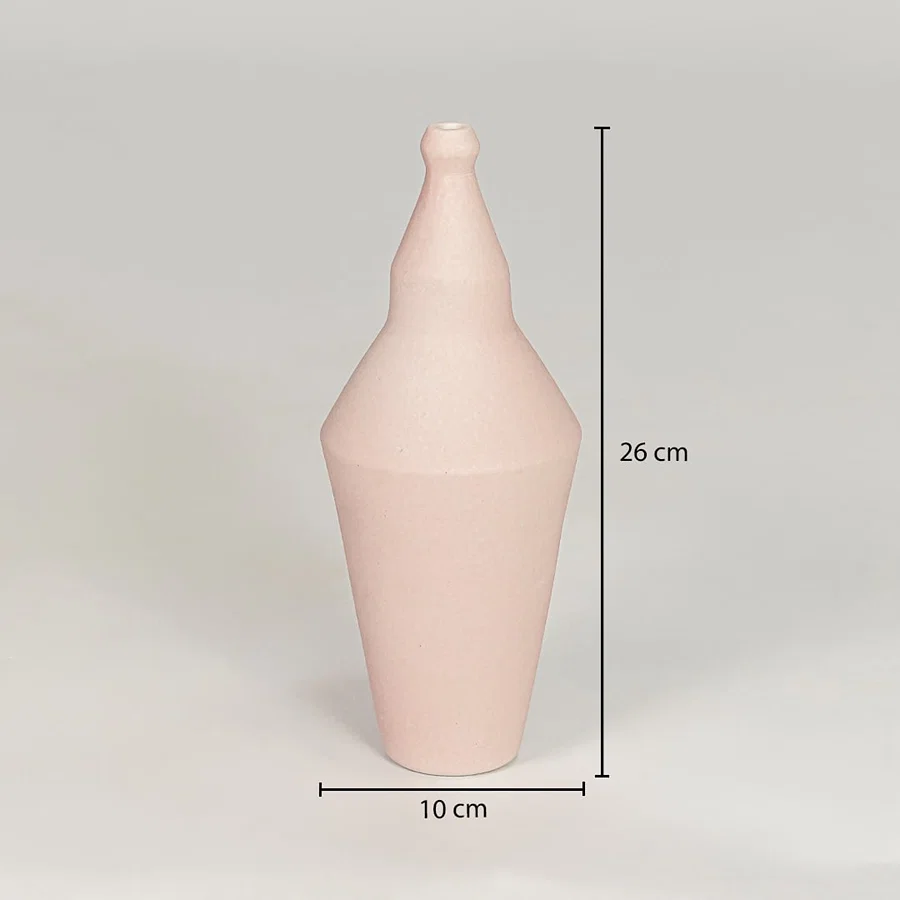 Pink ceramic decorative vase size 28 cm height 10 cm width modern flower vase for table console shelf styling.