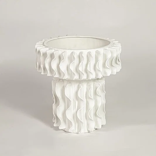 White ceramic frilled large vase with textured layered design isolated on clean white background for elegant home decor styling.