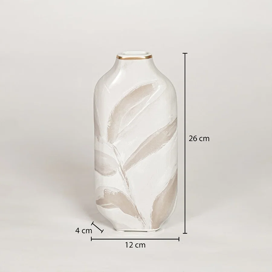 White ceramic decorative vase showing 12 cm width 4 cm depth and 26 cm height ideal for console table decor display.