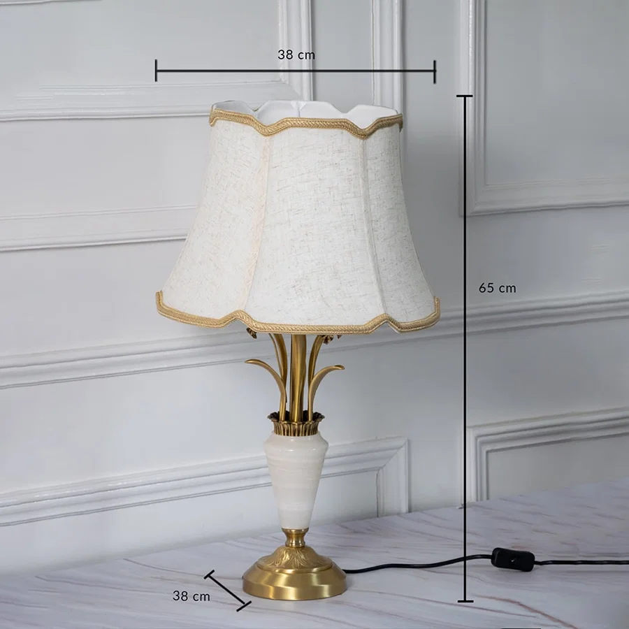 Gold and marble table lamp with cream fabric shade dimensions height 65 cm width 38 cm base 38 cm decorative table lamp.