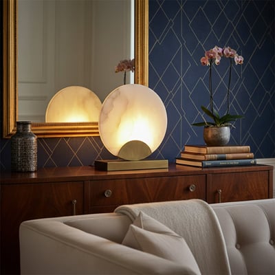 Luxury marble lamp with golden base radiating soft warm light adding timeless charm to modern bedrooms and elegant hallways.