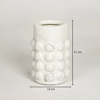 White ceramic bubble textured vase measuring 21 cm height and 14 cm width perfect for contemporary home decor placement.