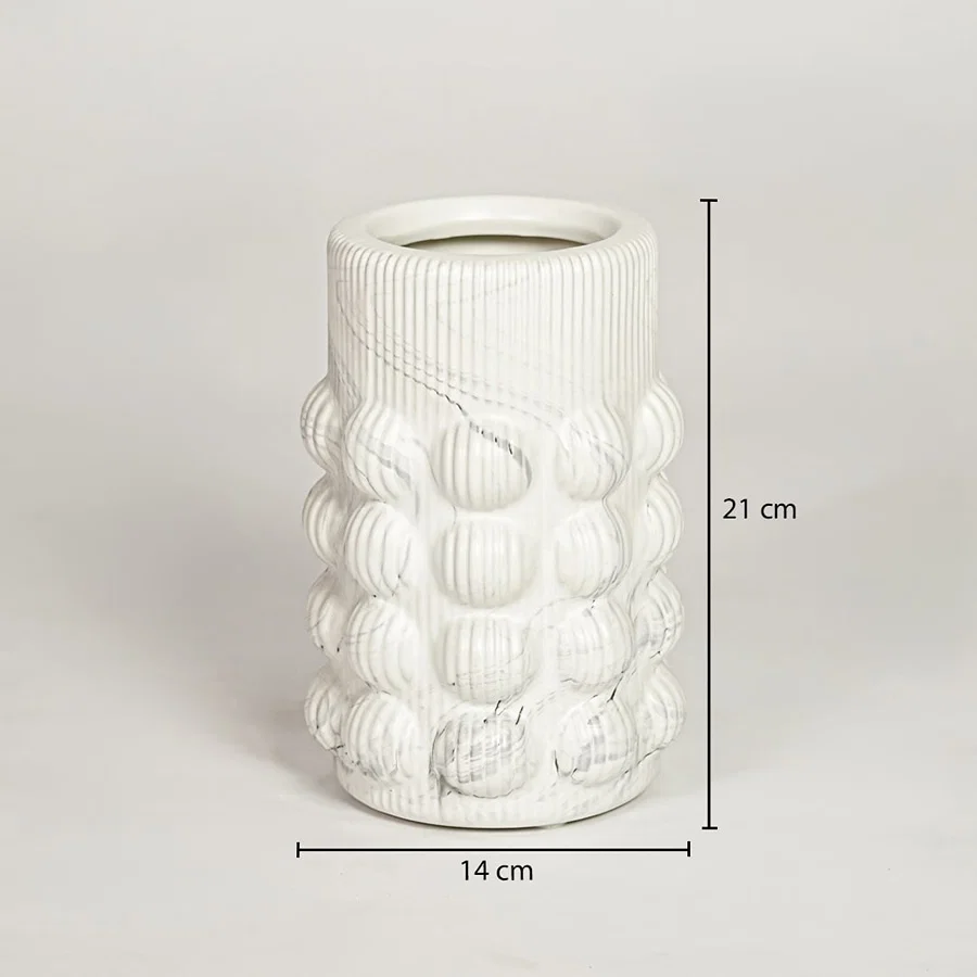 White ceramic bubble textured vase measuring 21 cm height and 14 cm width perfect for contemporary home decor placement.