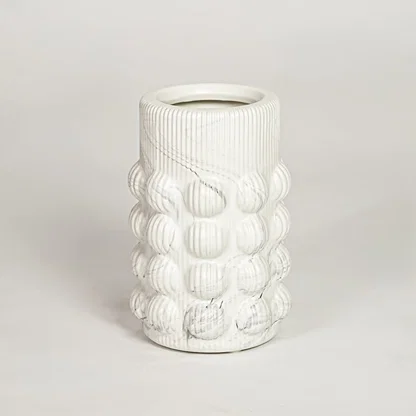 Contemporary white ceramic flower vase with sculpted bubble design perfect for entryway table living room decor display.