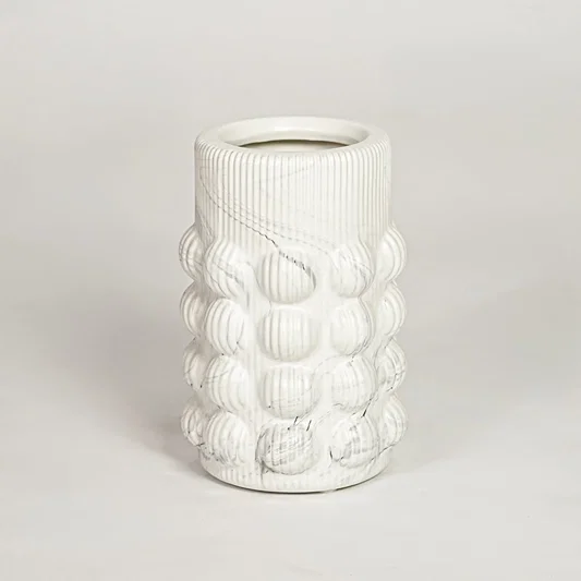 Contemporary white ceramic flower vase with sculpted bubble design perfect for entryway table living room decor display.
