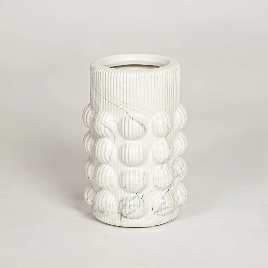 Contemporary white ceramic flower vase with sculpted bubble design perfect for entryway table living room decor display.